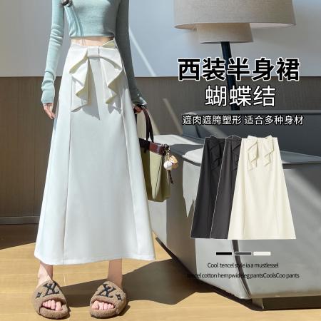 FA55090# 蝴蝶结西装半身裙子女春季新款高腰垂感中长款直筒a字裙 服裝批發女裝批發服飾貨源