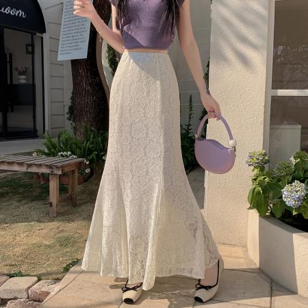 FA55091# 春夏季新款蕾丝鱼尾裙高腰显瘦白色秋季小个子半身裙内搭打底 服裝批發女裝批發服飾貨源