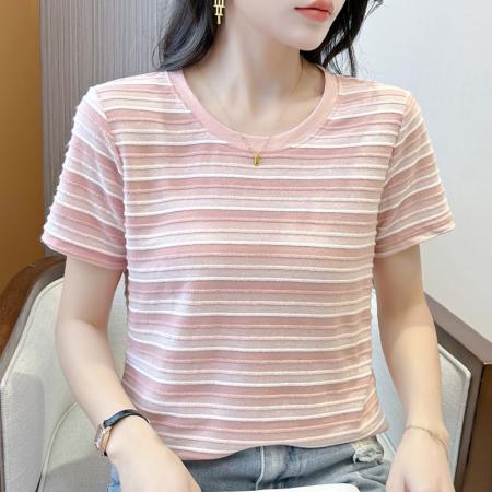 FA55093# 女士新款休闲减龄穿搭显瘦短袖夏季简约时尚慵懒条纹圆领T恤 服裝批發女裝批發服飾貨源