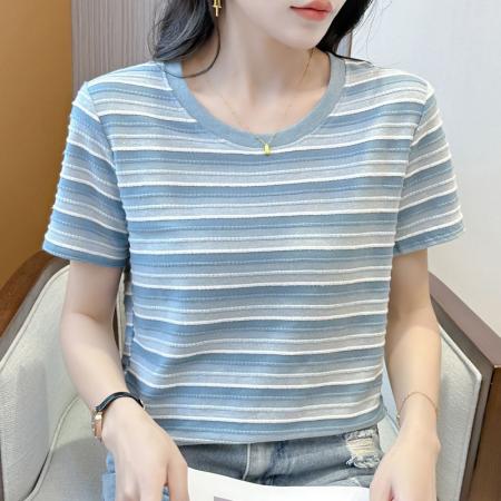 FA55093# 女士新款休闲减龄穿搭显瘦短袖夏季简约时尚慵懒条纹圆领T恤 服裝批發女裝批發服飾貨源