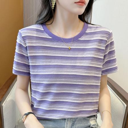 FA55093# 女士新款休闲减龄穿搭显瘦短袖夏季简约时尚慵懒条纹圆领T恤 服裝批發女裝批發服飾貨源