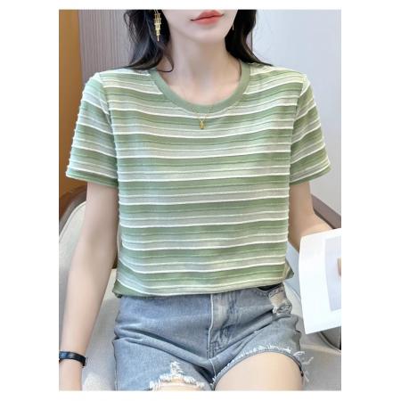 FA55093# 女士新款休闲减龄穿搭显瘦短袖夏季简约时尚慵懒条纹圆领T恤 服裝批發女裝批發服飾貨源