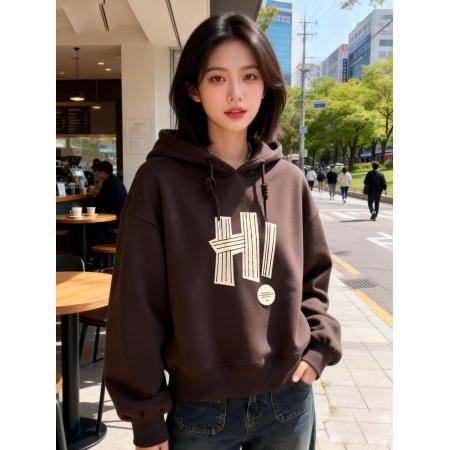 FA55097# 连帽卫衣女加绒新款春秋冬薄款美式字母潮牌宽松上衣外套短款 服裝批發女裝批發服飾貨源