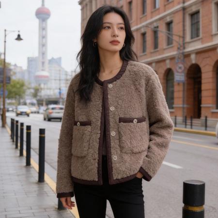 FA55098# 小香风羊羔毛短外套女秋冬加厚高级感气质名媛皮毛一体羊羔绒上衣 服裝批發女裝批發服飾貨源