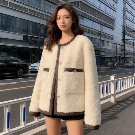 FA55098# 小香风羊羔毛短外套女秋冬加厚高级感气质名媛皮毛一体羊羔绒上衣 服裝批發女裝批發服飾貨源
