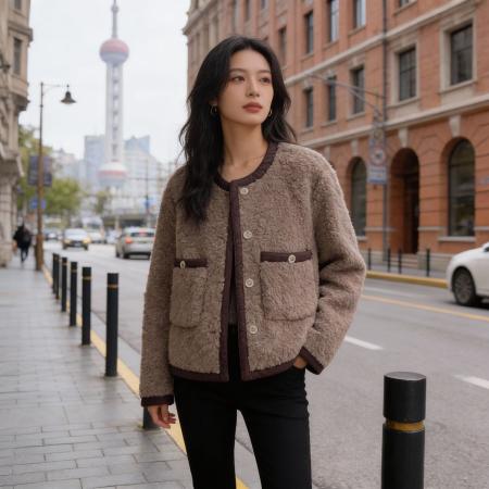 FA55098# 小香风羊羔毛短外套女秋冬加厚高级感气质名媛皮毛一体羊羔绒上衣 服裝批發女裝批發服飾貨源