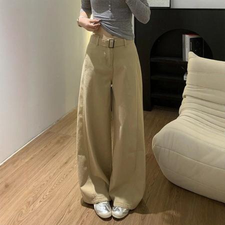 FA55099# 卡其色美式复古高腰牛仔裤阔腿春秋新款休闲春夏宽松显瘦拖地 服裝批發女裝批發服飾貨源