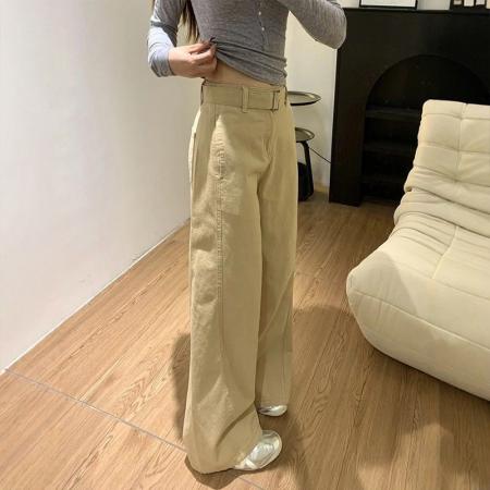 FA55099# 卡其色美式复古高腰牛仔裤阔腿春秋新款休闲春夏宽松显瘦拖地 服裝批發女裝批發服飾貨源