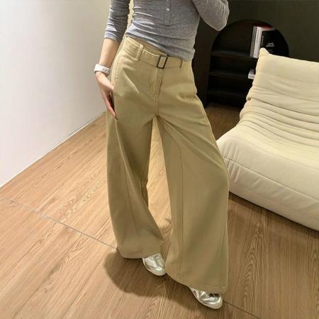 FA55099# 卡其色美式复古高腰牛仔裤阔腿春秋新款休闲春夏宽松显瘦拖地 服裝批發女裝批發服飾貨源