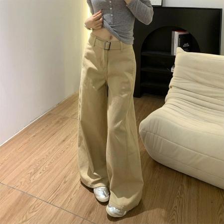 FA55099# 卡其色美式复古高腰牛仔裤阔腿春秋新款休闲春夏宽松显瘦拖地 服裝批發女裝批發服飾貨源