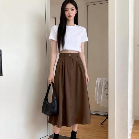 FA55100# 春秋款洋气百搭中长款半身裙新款韩版甜美休闲小个子A字裙女 服裝批發女裝批發服飾貨源