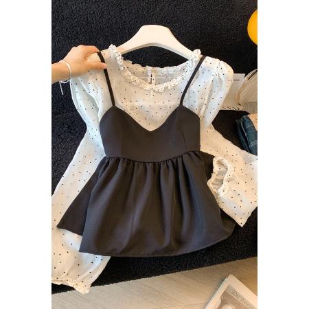 FA55103# 韩系早春新款吊带背心女波点木耳边衬衫韩系chic上衣两件套 服裝批發女裝批發服飾貨源