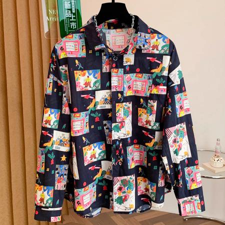 FA55105# 春女装新款韩版印花翻领单排扣宽松纯棉长袖衬衫女衬衣 服裝批發女裝批發服飾貨源