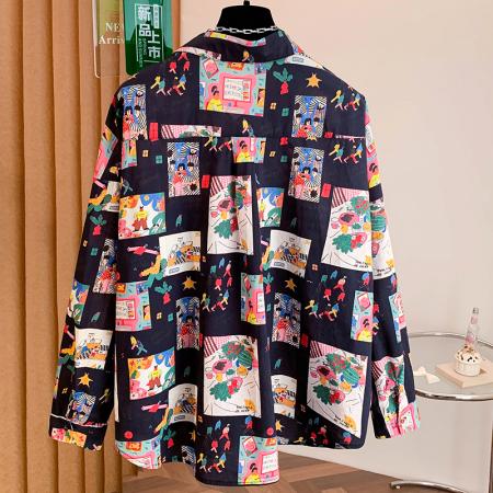 FA55105# 春女装新款韩版印花翻领单排扣宽松纯棉长袖衬衫女衬衣 服裝批發女裝批發服飾貨源