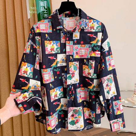 FA55105# 春女装新款韩版印花翻领单排扣宽松纯棉长袖衬衫女衬衣 服裝批發女裝批發服飾貨源