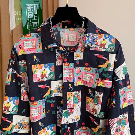 FA55105# 春女装新款韩版印花翻领单排扣宽松纯棉长袖衬衫女衬衣 服裝批發女裝批發服飾貨源