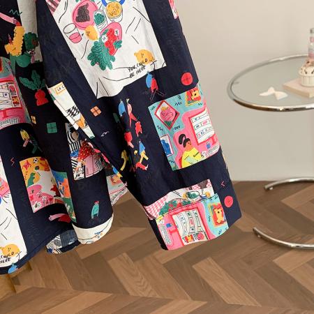 FA55105# 春女装新款韩版印花翻领单排扣宽松纯棉长袖衬衫女衬衣 服裝批發女裝批發服飾貨源