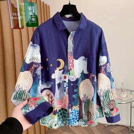 FA55106# 春季女装新款韩版数码印花翻领单排扣宽松长袖衬衫女沉银 服裝批發女裝批發服飾貨源