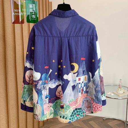 FA55106# 春季女装新款韩版数码印花翻领单排扣宽松长袖衬衫女沉银 服裝批發女裝批發服飾貨源