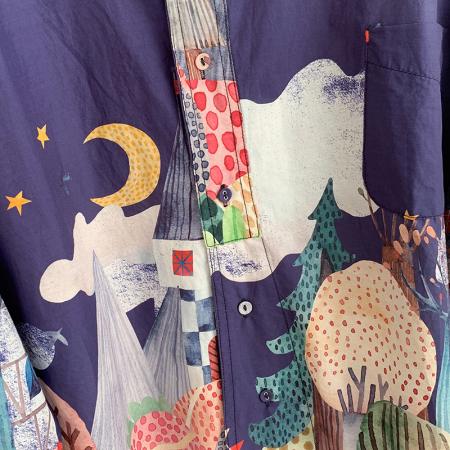 FA55106# 春季女装新款韩版数码印花翻领单排扣宽松长袖衬衫女沉银 服裝批發女裝批發服飾貨源