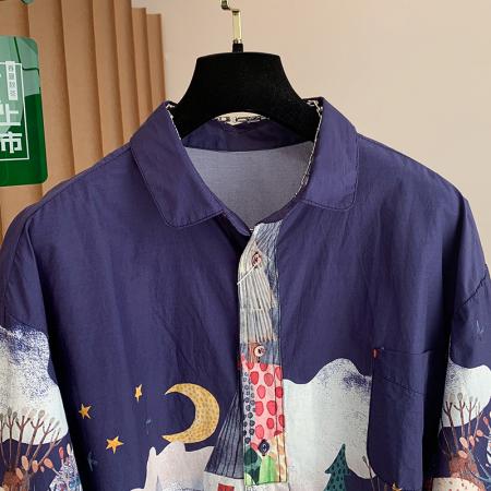 FA55106# 春季女装新款韩版数码印花翻领单排扣宽松长袖衬衫女沉银 服裝批發女裝批發服飾貨源