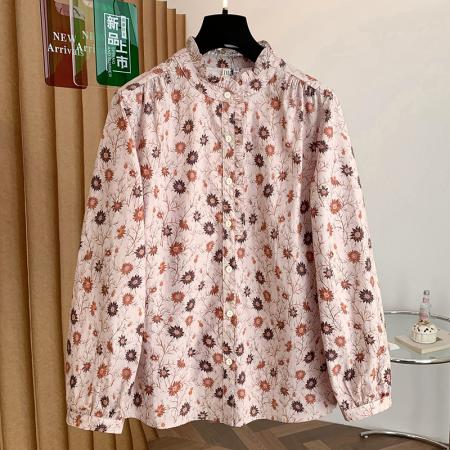 FA55107# 春森系复古纯棉印花衬衫秋装新木耳边文艺长袖衬衣女上衣 服裝批發女裝批發服飾貨源