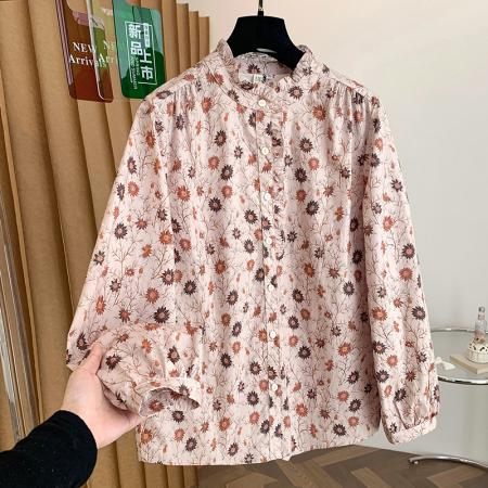 FA55107# 春森系复古纯棉印花衬衫秋装新木耳边文艺长袖衬衣女上衣 服裝批發女裝批發服飾貨源