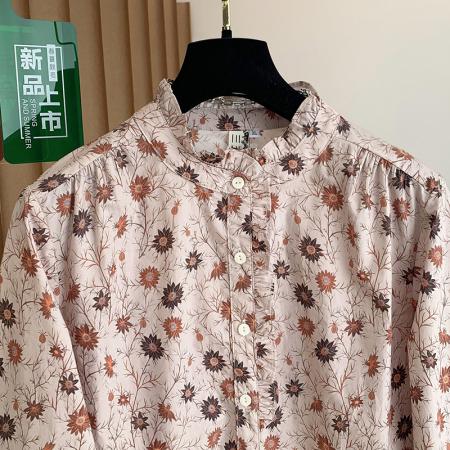 FA55107# 春森系复古纯棉印花衬衫秋装新木耳边文艺长袖衬衣女上衣 服裝批發女裝批發服飾貨源