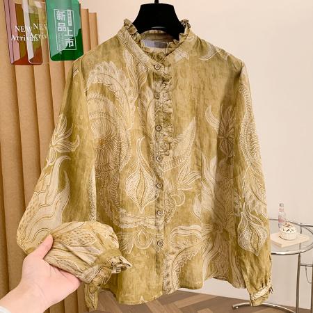 FA55108# 原创设计宽松文艺优雅苎麻衬衫春季新款开衫长袖上衣 服裝批發女裝批發服飾貨源