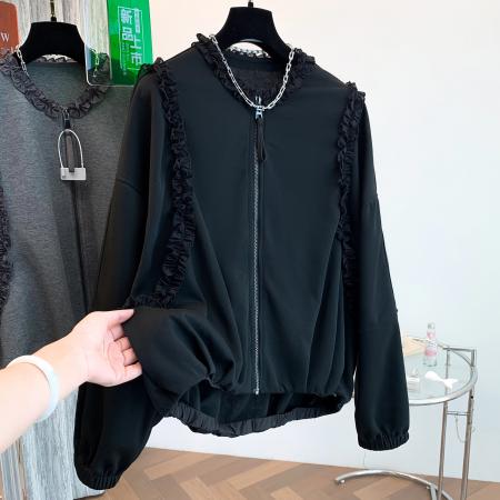 FA55110# 秋冬小众设计感蕾丝边圆领外套女秋宽松休闲百搭夹克上衣 服裝批發女裝批發服飾貨源