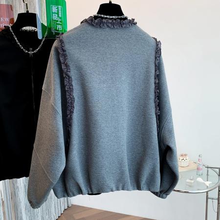 FA55110# 秋冬小众设计感蕾丝边圆领外套女秋宽松休闲百搭夹克上衣 服裝批發女裝批發服飾貨源