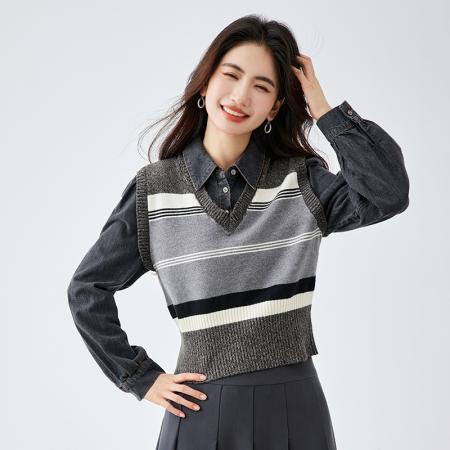 FA55111# 春季新款学院风格雷系假两件衬衣长袖衬衫上衣女 服裝批發女裝批發服飾貨源