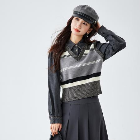 FA55111# 春季新款学院风格雷系假两件衬衣长袖衬衫上衣女 服裝批發女裝批發服飾貨源