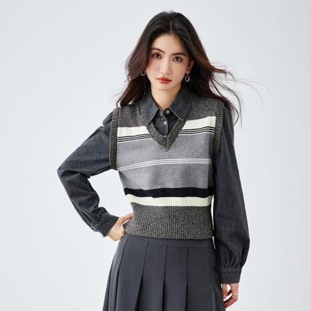 FA55111# 春季新款学院风格雷系假两件衬衣长袖衬衫上衣女 服裝批發女裝批發服飾貨源