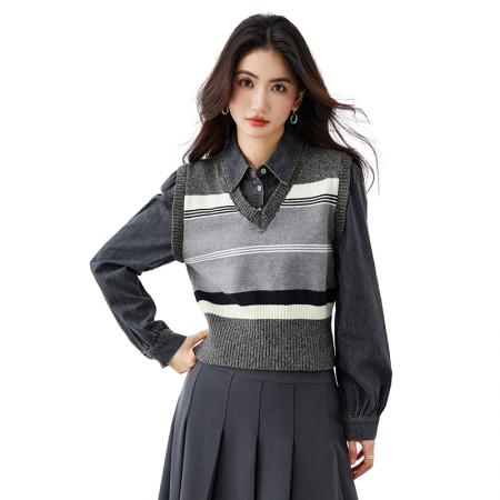 FA55111# 春季新款学院风格雷系假两件衬衣长袖衬衫上衣女 服裝批發女裝批發服飾貨源