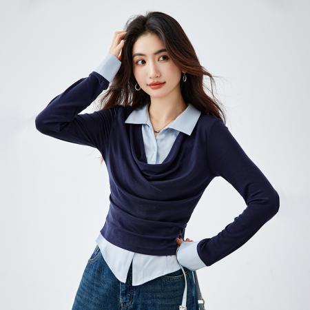 FA55112# 春季新款旧日手稿天丝羊毛法式假两件拼接针织衬衫女通勤上 服裝批發女裝批發服飾貨源