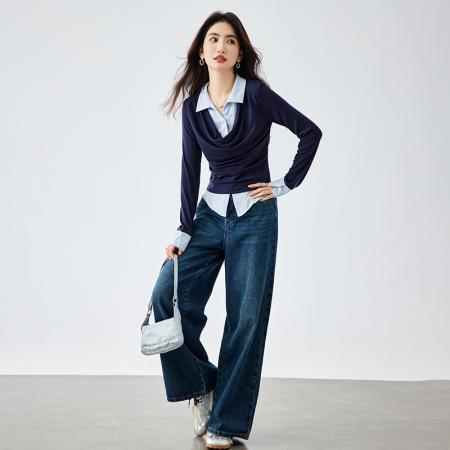 FA55112# 春季新款旧日手稿天丝羊毛法式假两件拼接针织衬衫女通勤上 服裝批發女裝批發服飾貨源