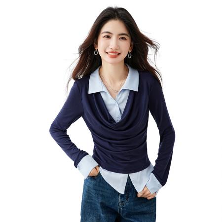 FA55112# 春季新款旧日手稿天丝羊毛法式假两件拼接针织衬衫女通勤上 服裝批發女裝批發服飾貨源