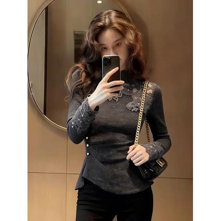 FA55113# 韩版时髦高级感灰色蕾丝针织衫女春款优雅百搭收腰显瘦打底衫 服裝批發女裝批發服飾貨源