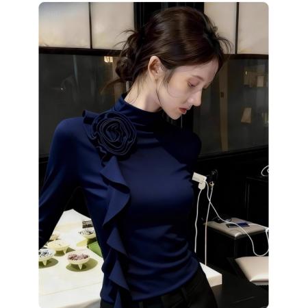 FA55116# 藏青色高领长袖T恤女秋季新款设计感立体花朵荷叶边飘带上衣 服裝批發女裝批發服飾貨源