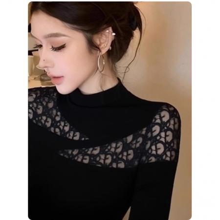 FA55118# 纯欲辣妹黑色长袖t恤上衣不规则蕾丝拼接半高领打底衫女内搭秋冬 服裝批發女裝批發服飾貨源