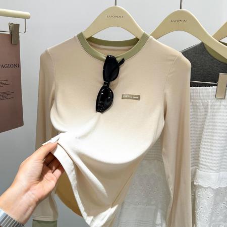 FA55119# 拼色假两件内搭长袖t恤女春装新款圆领修身德绒打底衫上衣女 服裝批發女裝批發服飾貨源