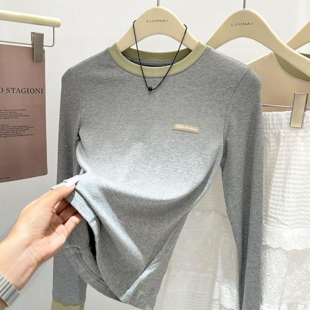 FA55119# 拼色假两件内搭长袖t恤女春装新款圆领修身德绒打底衫上衣女 服裝批發女裝批發服飾貨源