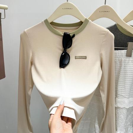 FA55119# 拼色假两件内搭长袖t恤女春装新款圆领修身德绒打底衫上衣女 服裝批發女裝批發服飾貨源