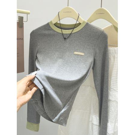 FA55119# 拼色假两件内搭长袖t恤女春装新款圆领修身德绒打底衫上衣女 服裝批發女裝批發服飾貨源