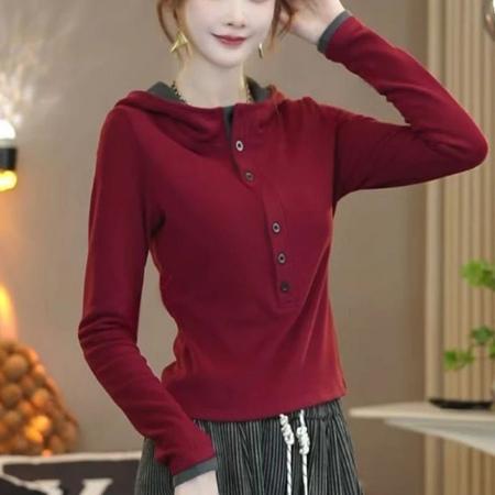 FA55120# 德绒连帽撞色T恤女冬季套头半纽扣保暖弹力打底衫上衣 服裝批發女裝批發服飾貨源