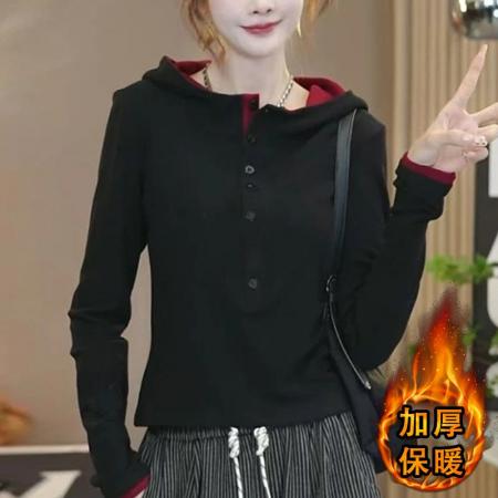 FA55120# 德绒连帽撞色T恤女冬季套头半纽扣保暖弹力打底衫上衣 服裝批發女裝批發服飾貨源