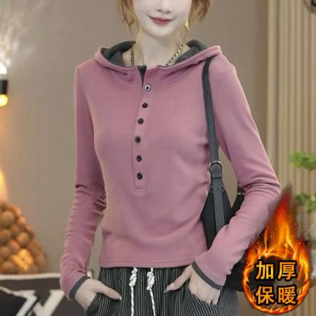 FA55120# 德绒连帽撞色T恤女冬季套头半纽扣保暖弹力打底衫上衣 服裝批發女裝批發服飾貨源
