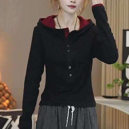 FA55120# 德绒连帽撞色T恤女冬季套头半纽扣保暖弹力打底衫上衣 服裝批發女裝批發服飾貨源