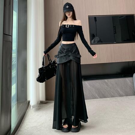 FA55121# 皮裙修身显瘦设计感网纱拼接皮包臀裙韩版皱褶百搭长裙鱼尾裙 服裝批發女裝批發服飾貨源